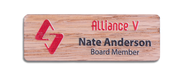 Printed Wooden Name Badges - Real wood name badge with printed logo and text | www.namebadgesinternational.ca